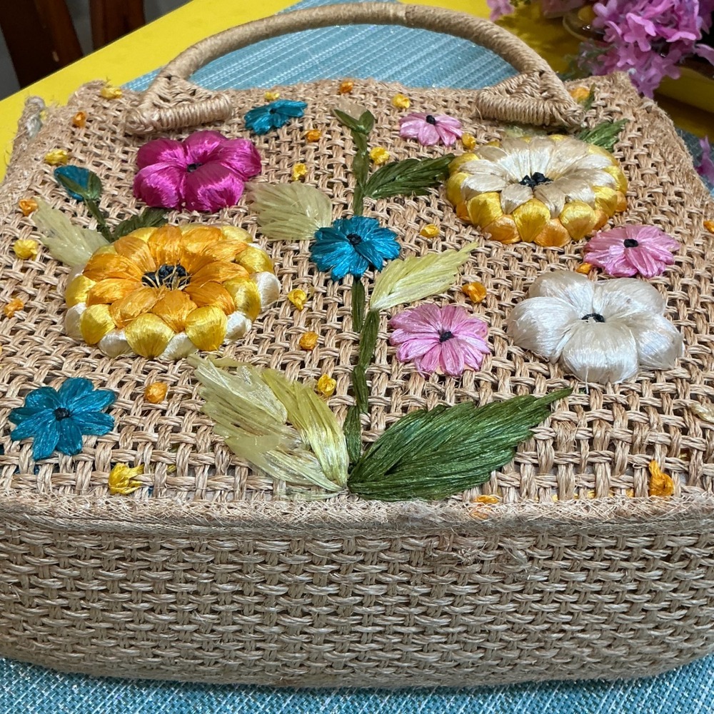 Cabana Tote Bag Vintage OS Tan Woven Straw Floral Embroidered Basket Bag - Picture 10 of 11